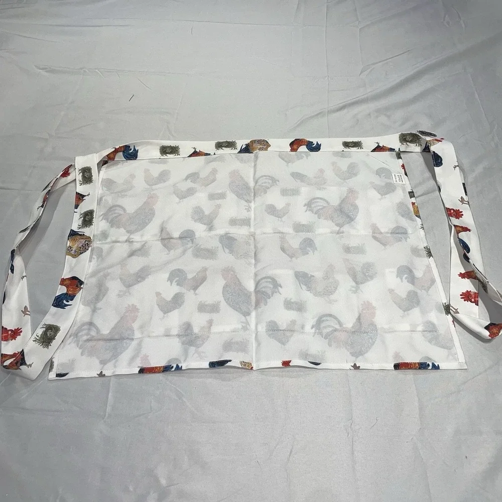 Rooster Print Egg Gathering Apron Farmhouse Multi Pocket Chicken Egg Apron White